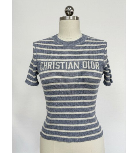 디올 Christian Dior 크리스챤 디올 반소매 스웨터 데님 블루 & 화이트 D-Stripes 린넨 실크 니트 544S15A7034_X5803 36 38 40 #타지아