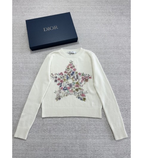 디올 자수 스웨터 화이트 캐시미어 니트 & 멀티 컬러 Dior Star 모티브 554S57A0038_X0824 36 38 40 #타지아