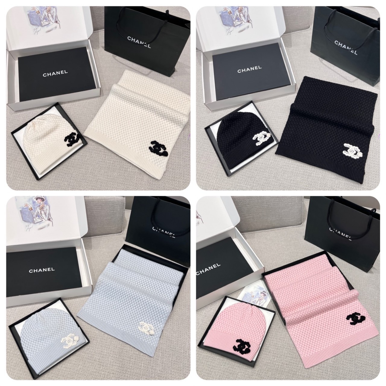 샤넬 CHANEL 까멜리아 니트 비니 + 머플러 스카프 180x35cm 100% 캐시미어