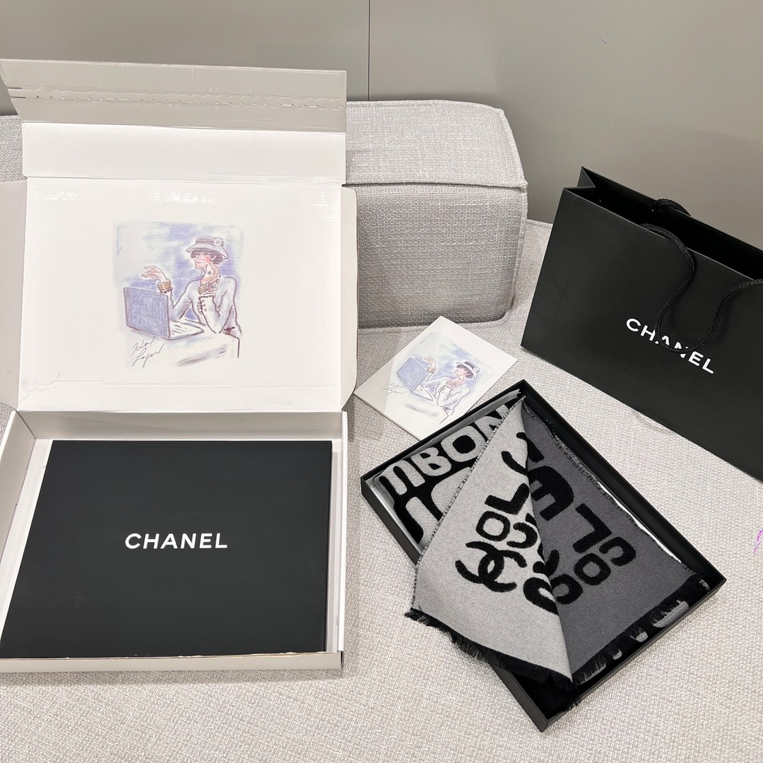 샤넬 CHANEL 코코 네이밍 패턴 울 스카프 머플러 200x46cm 울 94% + 실크 6%
