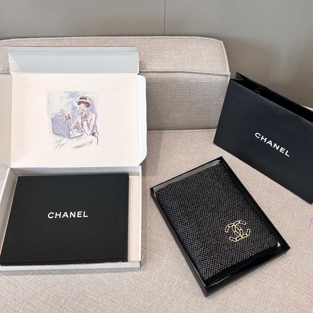 샤넬 CHANEL 체크 니트 머플러 180x50cm 100% 캐시미어