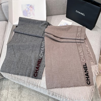 샤넬 CHANEL 로고 그레이 캐시미어 스카프 머플러 190x45cm 울 70% + 캐시미어 30%