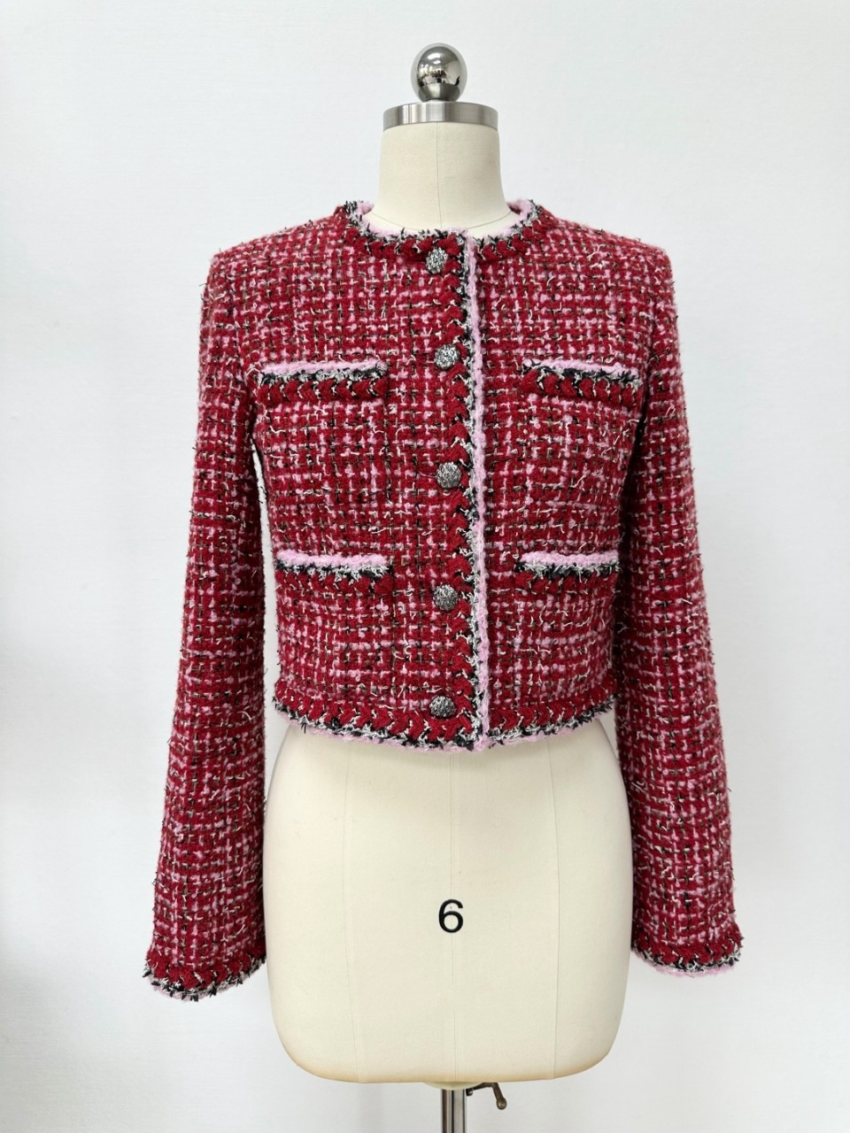 샤넬 25FW 25K 트위드 자켓 체크 자수 숏 재킷 라운드넥 레드 핑크 블랙 P80457 36 38 40 #타지아