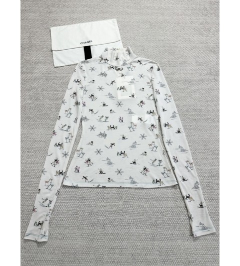 샤넬 25N 코코네쥬 코튼 터틀넥 롱 슬리브탑 CC 스키 프린트 에크루 화이트 P79715 36 38 40 #타지아